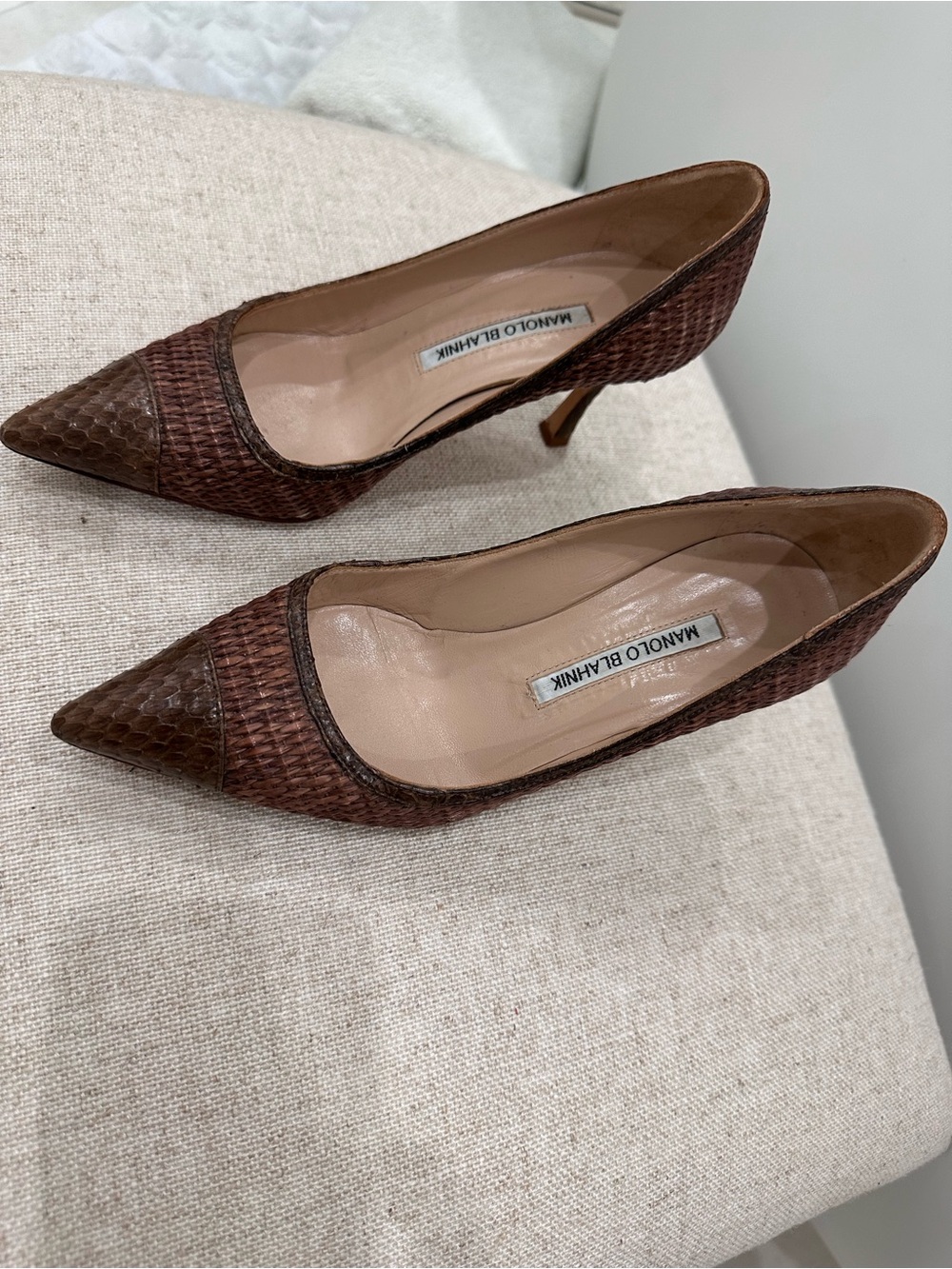 Manolo Blahnik Brown Woven Pointed-Toe Pumps